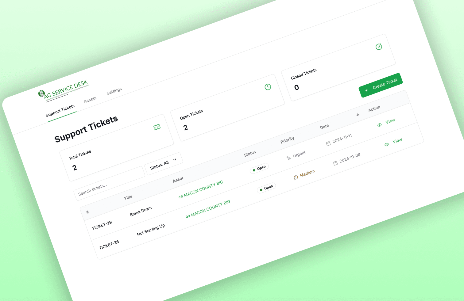 AGServiceDesk ticket and asset screens